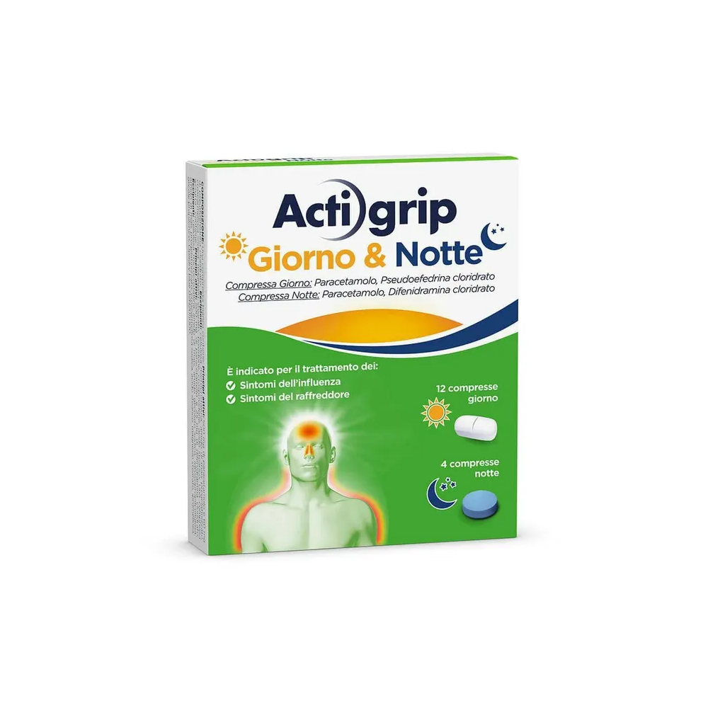 Actigrip Giorno & Notte 12+4 Compresse – Trattamento Completo per Raffreddore e Influenza